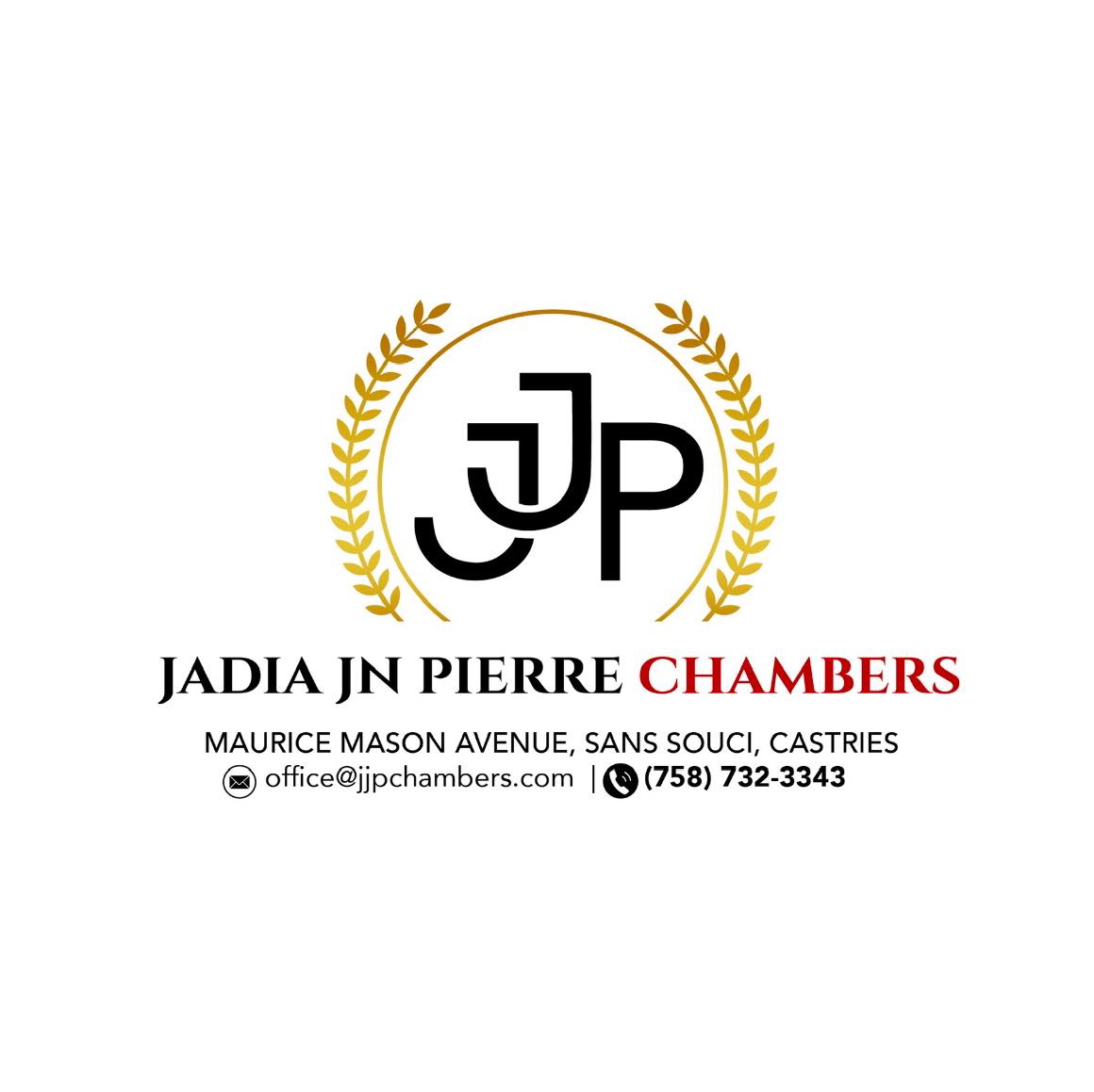 JJP Chambers Logo with contact details: Maurice Mason Avenue, Sans Souci, Castries, office@jjpchambers.com, (758) 732-3343