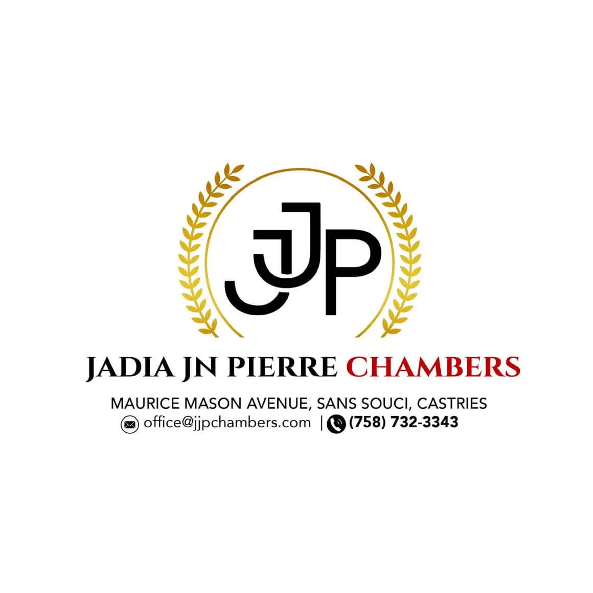 JJP Chambers Logo with contact details: Maurice Mason Avenue, Sans Souci, Castries, office@jjpchambers.com, (758) 732-3343